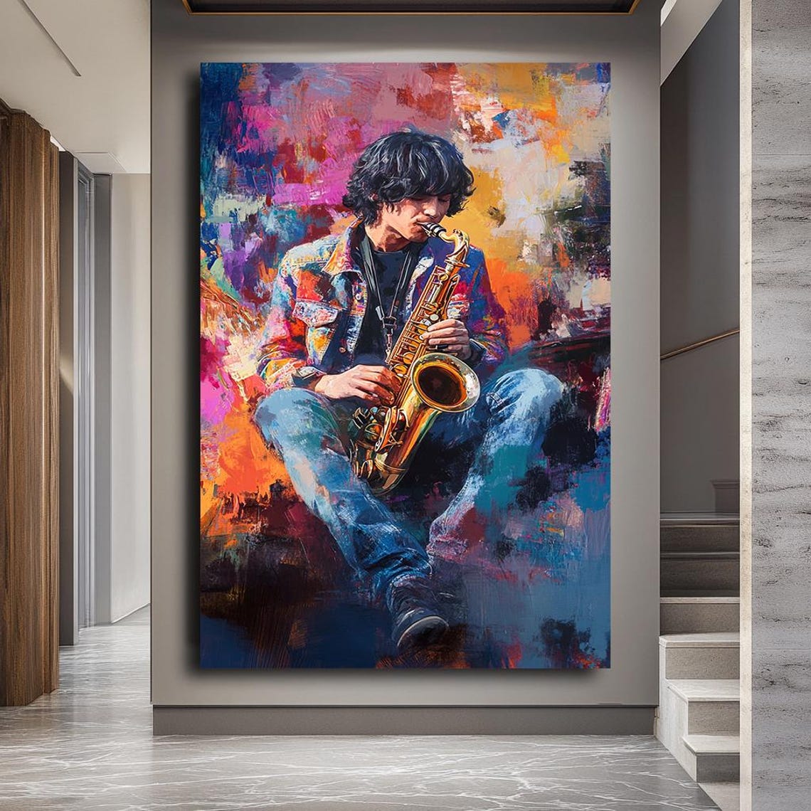 Young Saxophone Player Vibrant Colorful Jazz Music Art Poster - Image 5