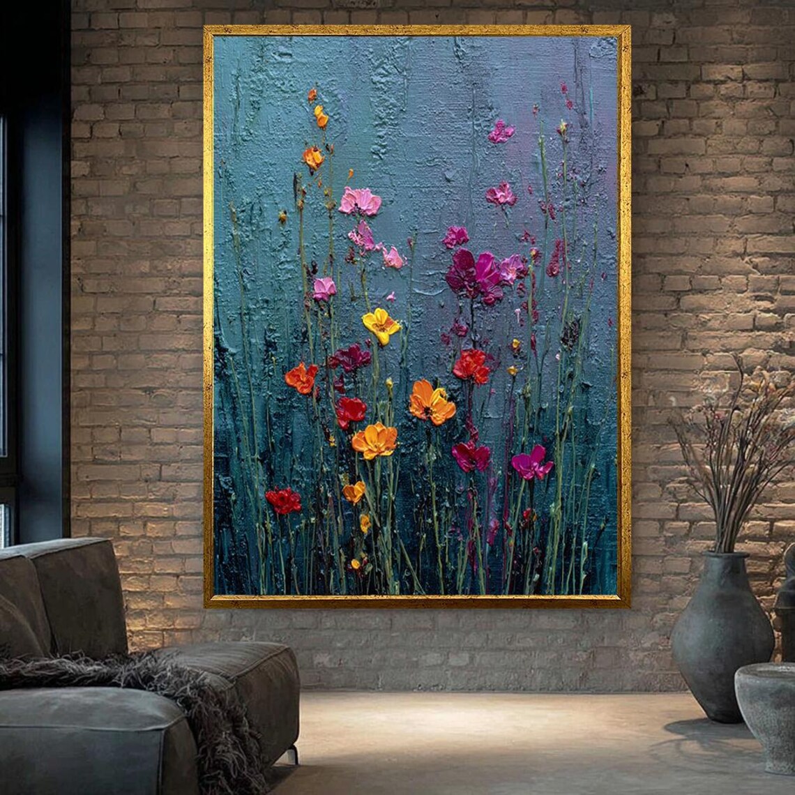 Colorful Poppy Wildflowers Impasto Oil On Teal Textured Poster