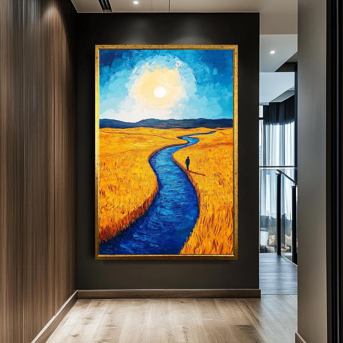 Blue River Through Golden Wheat Field Sunlit Impressionist Art Poster - Image 2