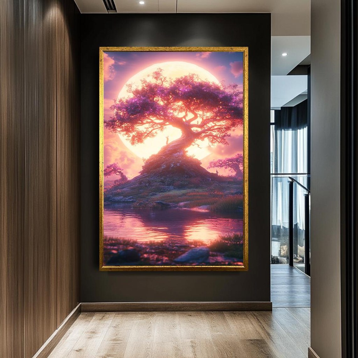 Sunset Tree With Reflection Art Fantasy Nature Landscape Wall Decor Magical Pink And Orange Sky Dreamy Scenic Print - Image 3