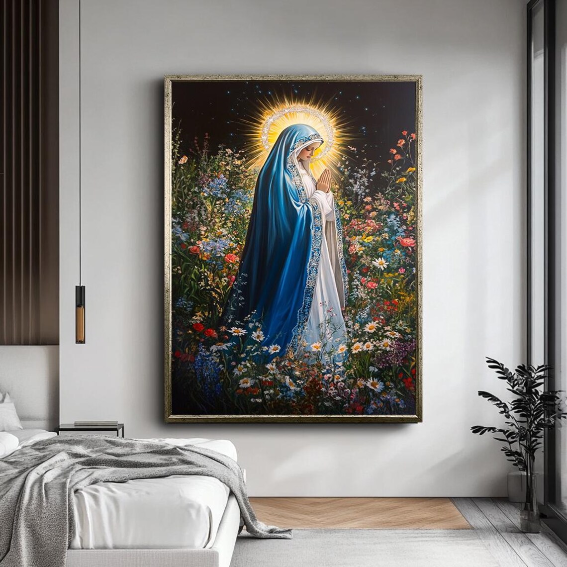 Virgin Mary Floral Religious Art Print for Home - Image 3