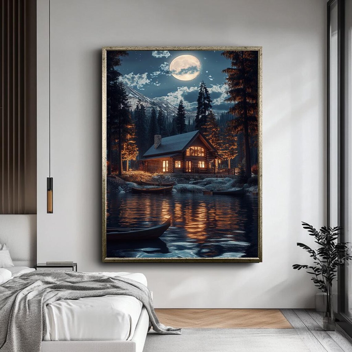 Moonlit Cabin By The Lake Art Cozy Night Scene With Reflection Tranquil Mountain Forest Wall Decor Peaceful Wilderness Print