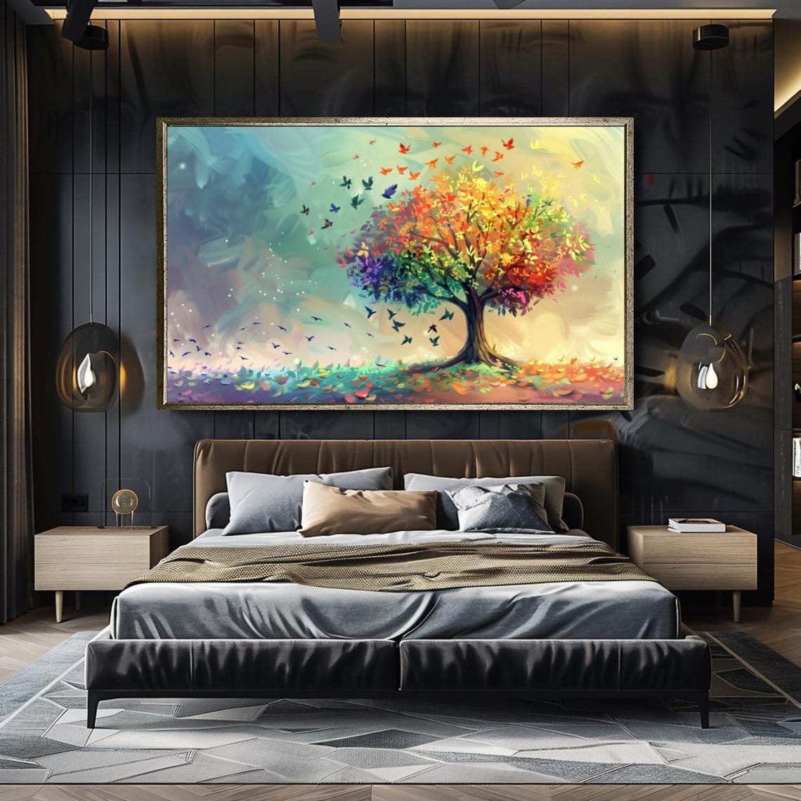 Rainbow Tree Of Life Colorful Birds Flying Joyful Nature Art Poster - Image 4