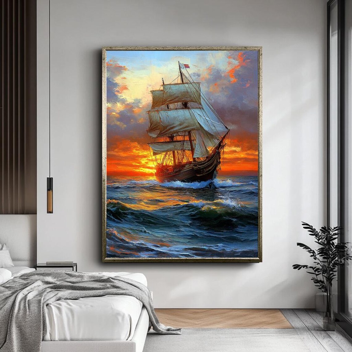 Sunset Ocean Art Sunset Sailing Ship Print Majestic Tall Ship On The Ocean At Sunset Nautical Wall Art - Image 4