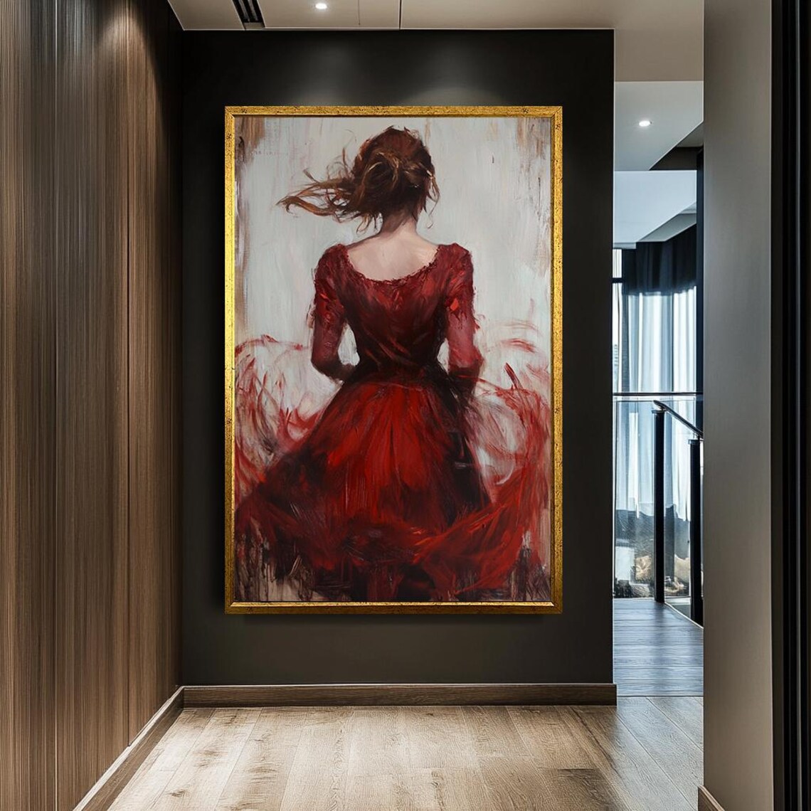 Woman In Flowing Red Dress Back View Emotional Painterly Art Poster - Image 2