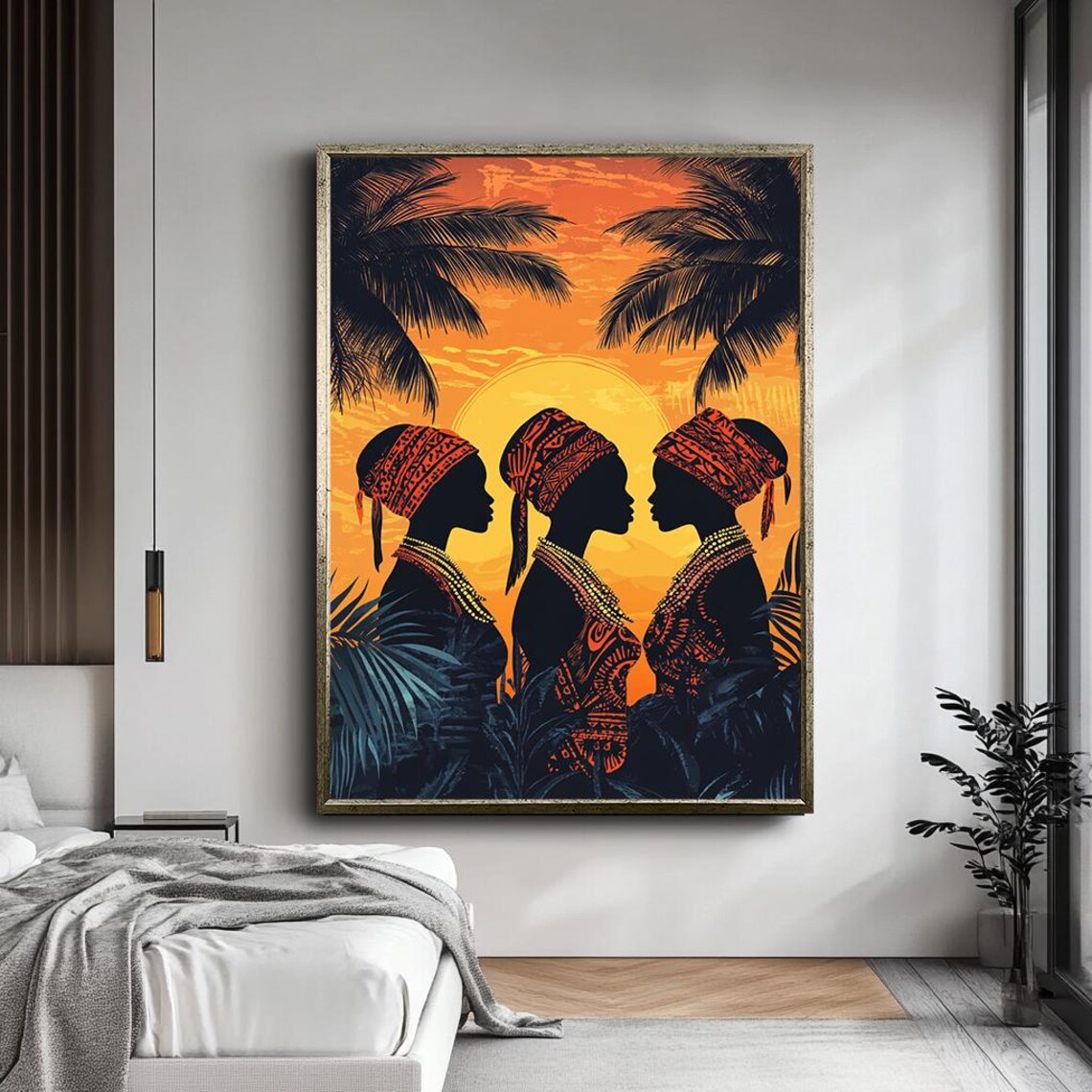 African Women Sunset Silhouette Palm Trees Bold Tribal Wall Art - Image 5