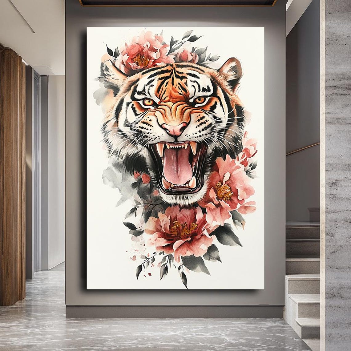 Tiger Art Ferocious Tiger Print Floral And Fierce Animal Wall Art Bold Statement Piece - Image 3