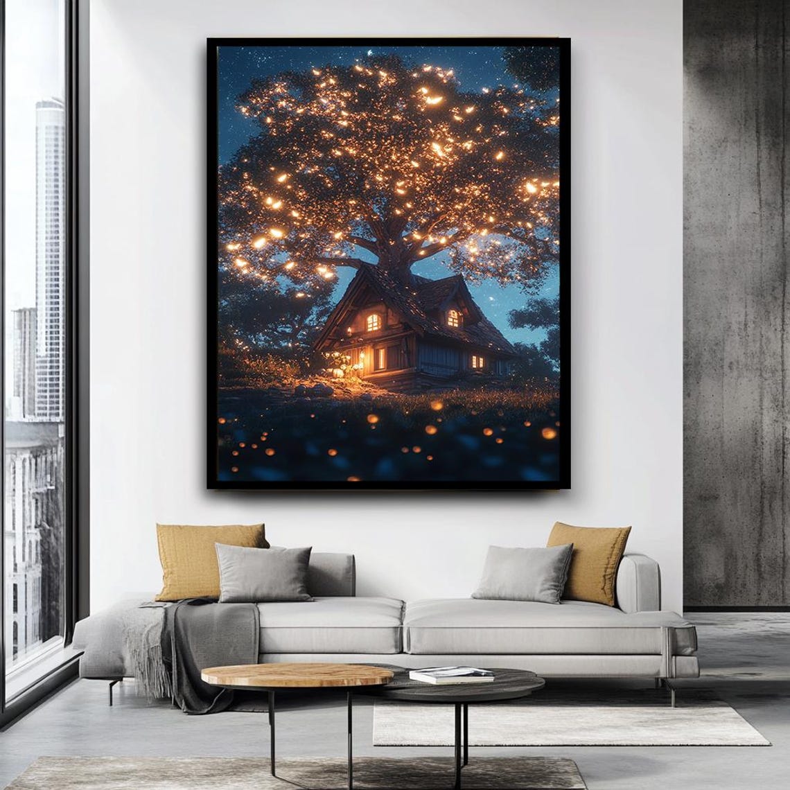 Magical Treehouse Cottage Glowing Fireflies Starry Night Forest Print - Image 4