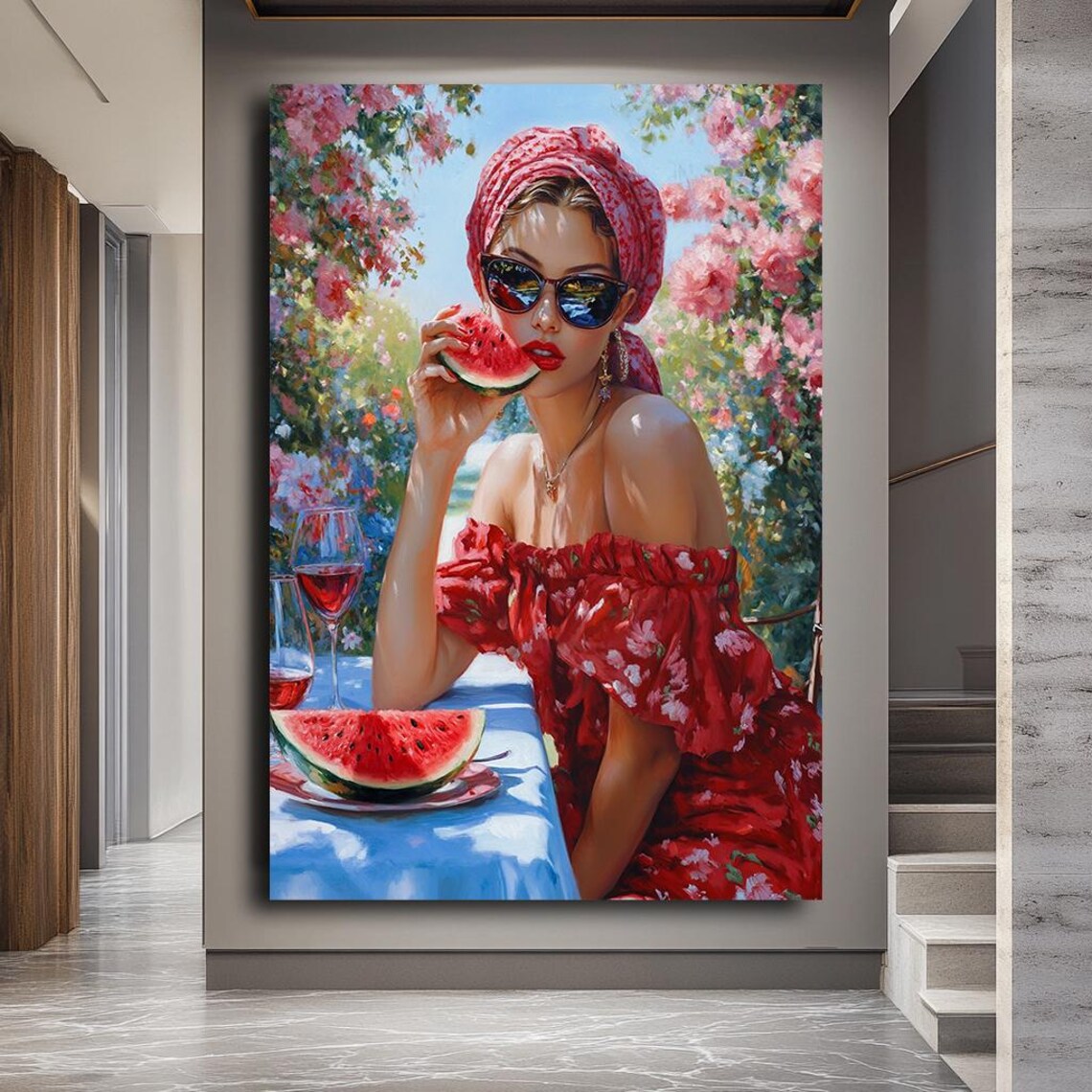 Glamorous Lady Red Dress Watermelon Summer Garden Fashion Poster - Image 2