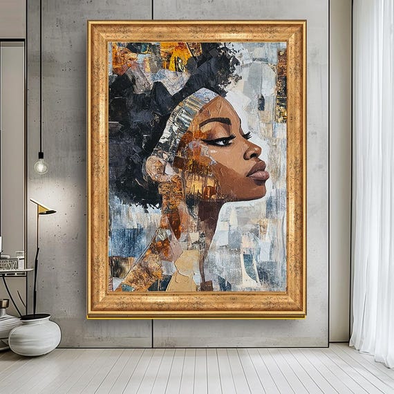 Abstract African Woman Portrait Wall Art Bold Textured Canvas Modern Afrocentric Empowering Feminine Decor Contemporary Artwork
