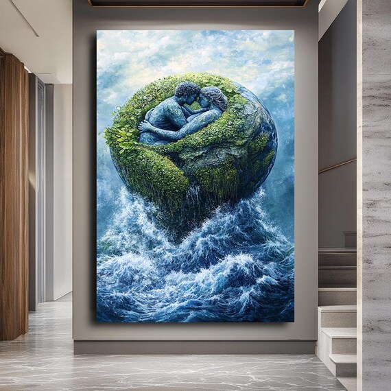 Couple Embracing Floating Earth Island Ocean Waves Romantic Wall Art