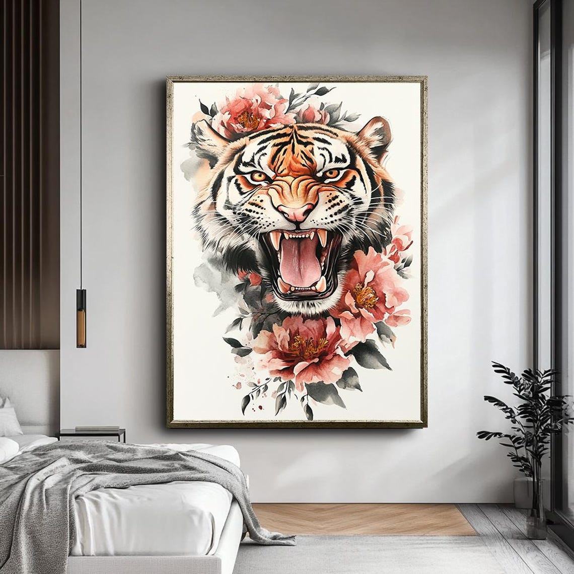 Ferocious Tiger Pink Flowers Watercolor Bold Animal Wall Art - Image 5