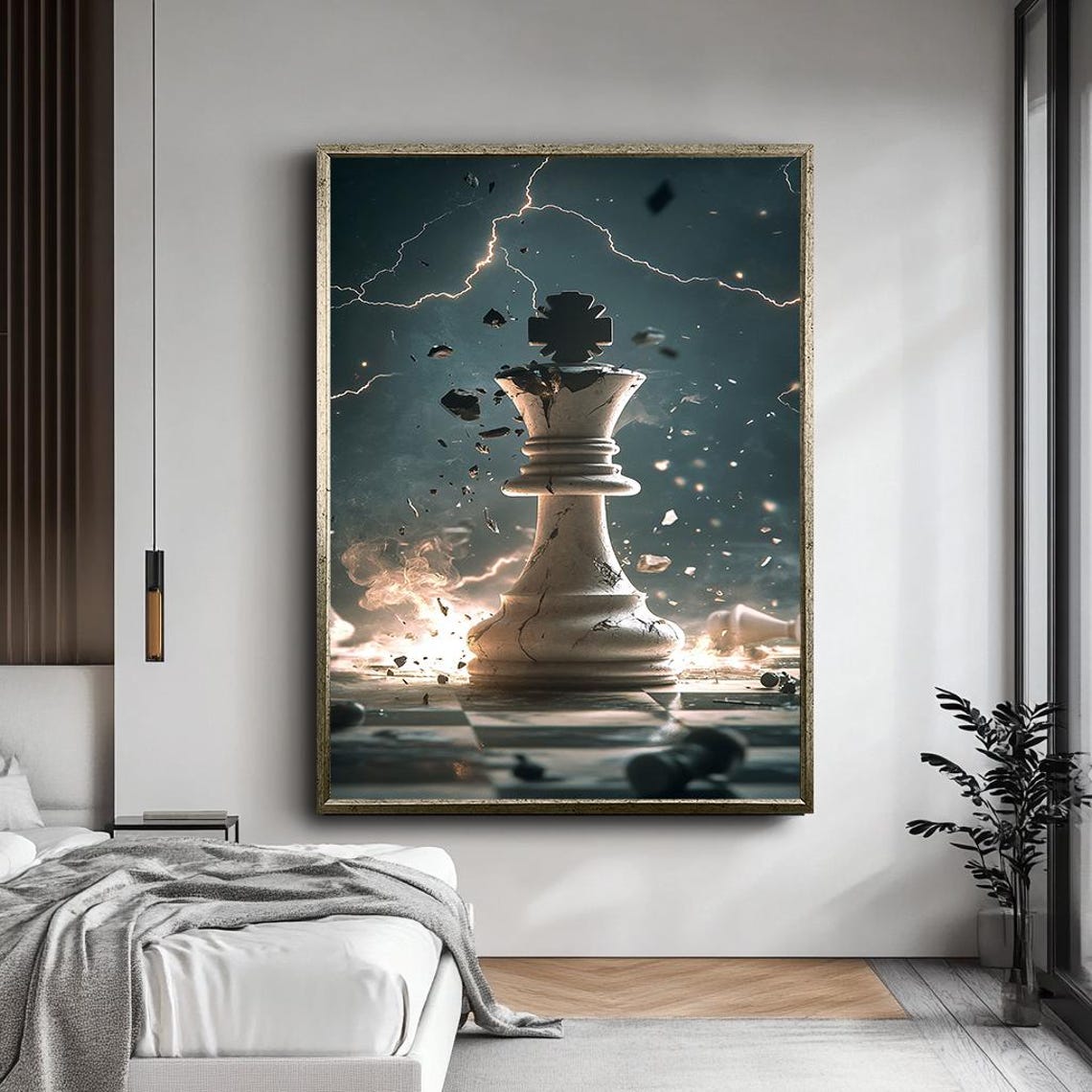 Exploding Chess King Under Lightning Storm Dramatic Strategy Poster