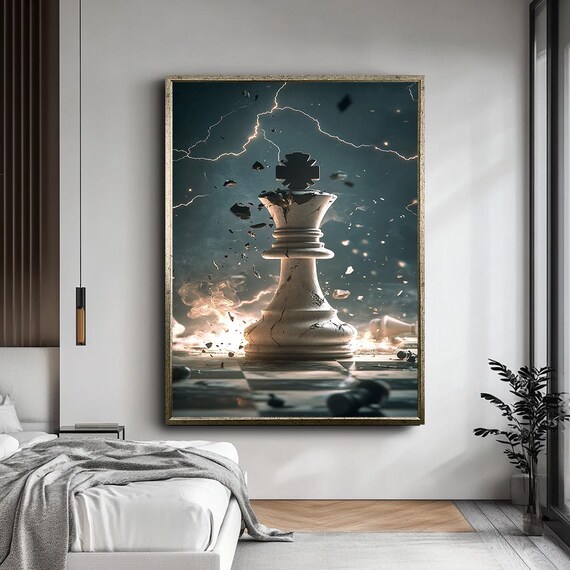 Exploding Chess King Under Lightning Storm Dramatic Strategy Poster