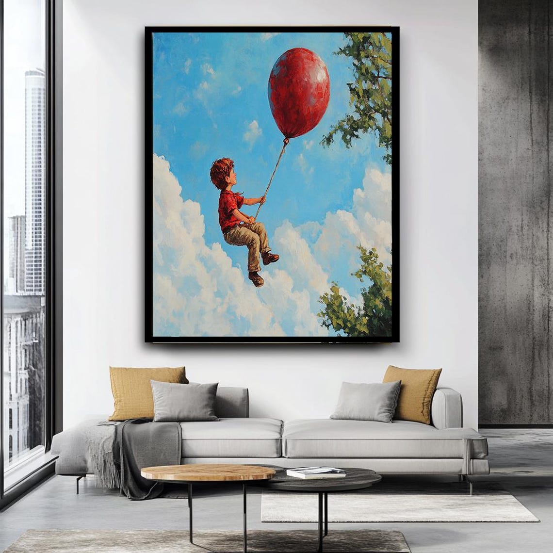 Boy With Giant Red Balloon Floating Clouds Dreamy Kids Wall Art - Image 5