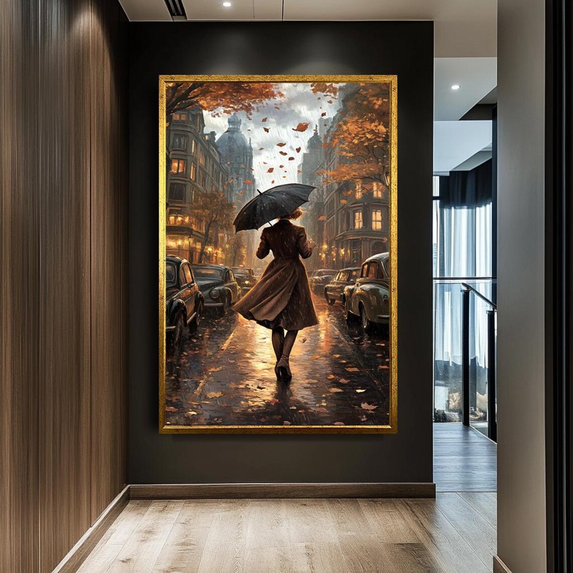 Rainy Street Scene, Vintage Autumn Cityscape Art Print - Image 2