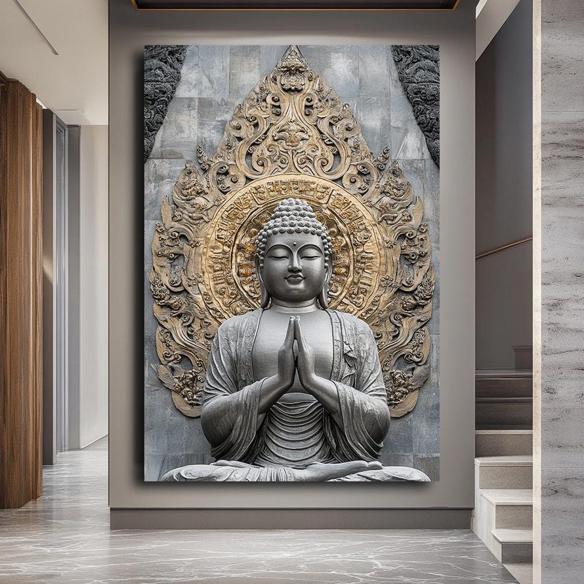 Silver Buddha Praying Hands Ornate Halo Serene Zen Meditation Poster - Image 2