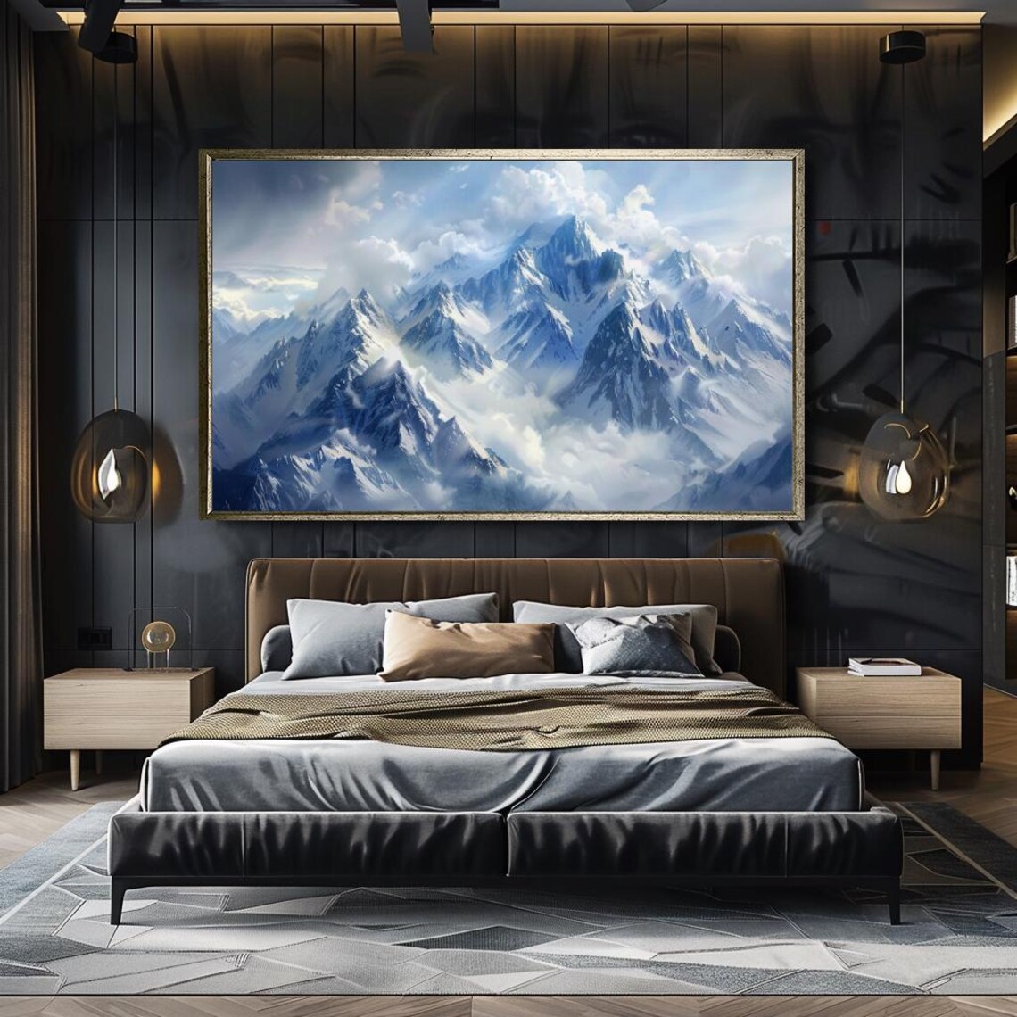 Snowy Mountain Peaks Above Clouds Blue Alpine Landscape Travel Poster - Image 4