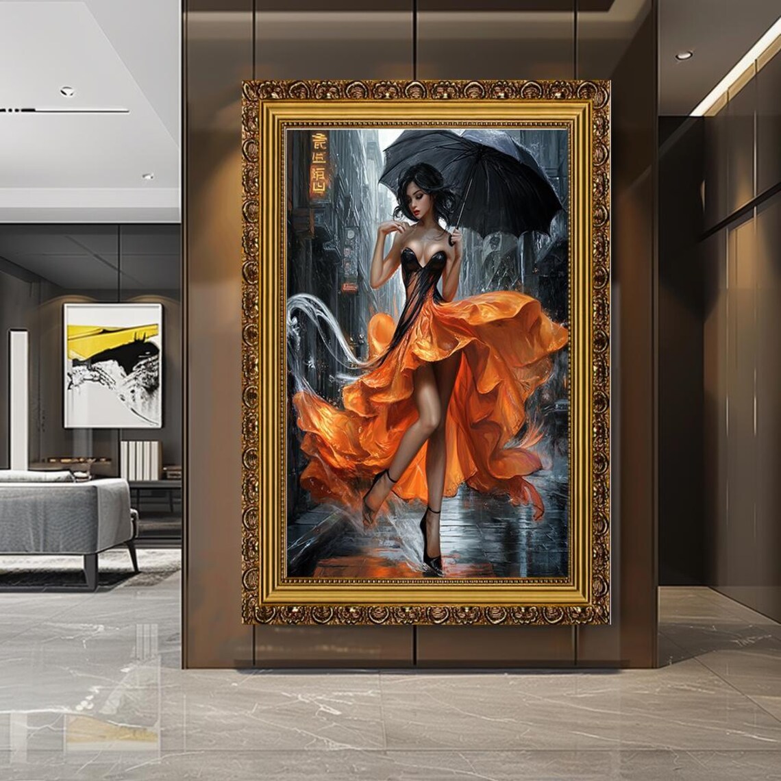 Woman Flowing Orange Dress Rainy City Street Umbrella Fashion Poster - Image 4