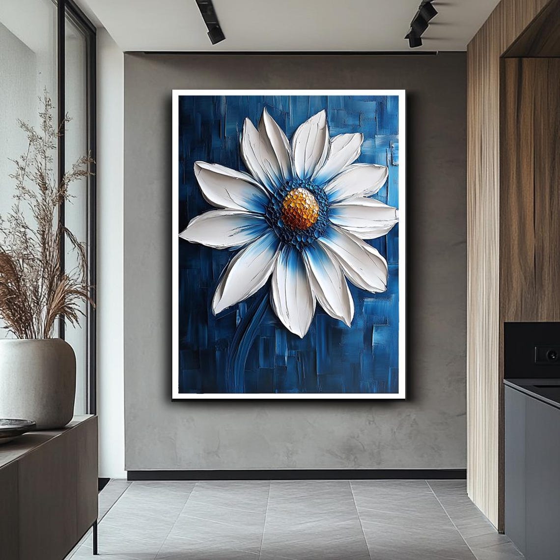 White Daisy Flower Impasto Painting On Deep Blue Botanical Art Poster - Image 2