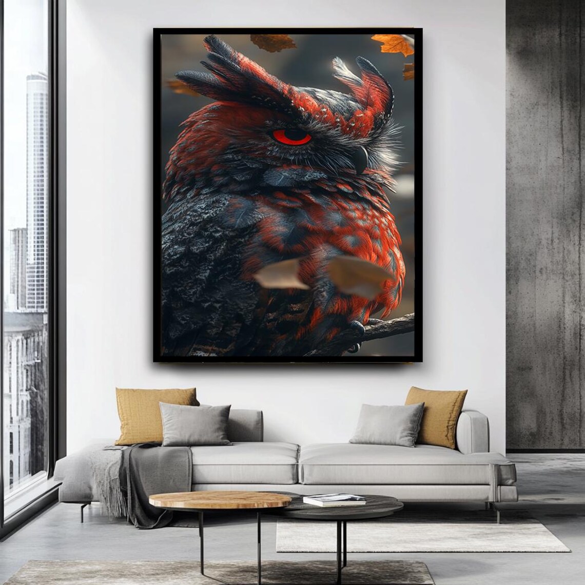 Red And Black Owl Portrait Fierce Glowing Red Eye Wildlife Wall Art - Image 4