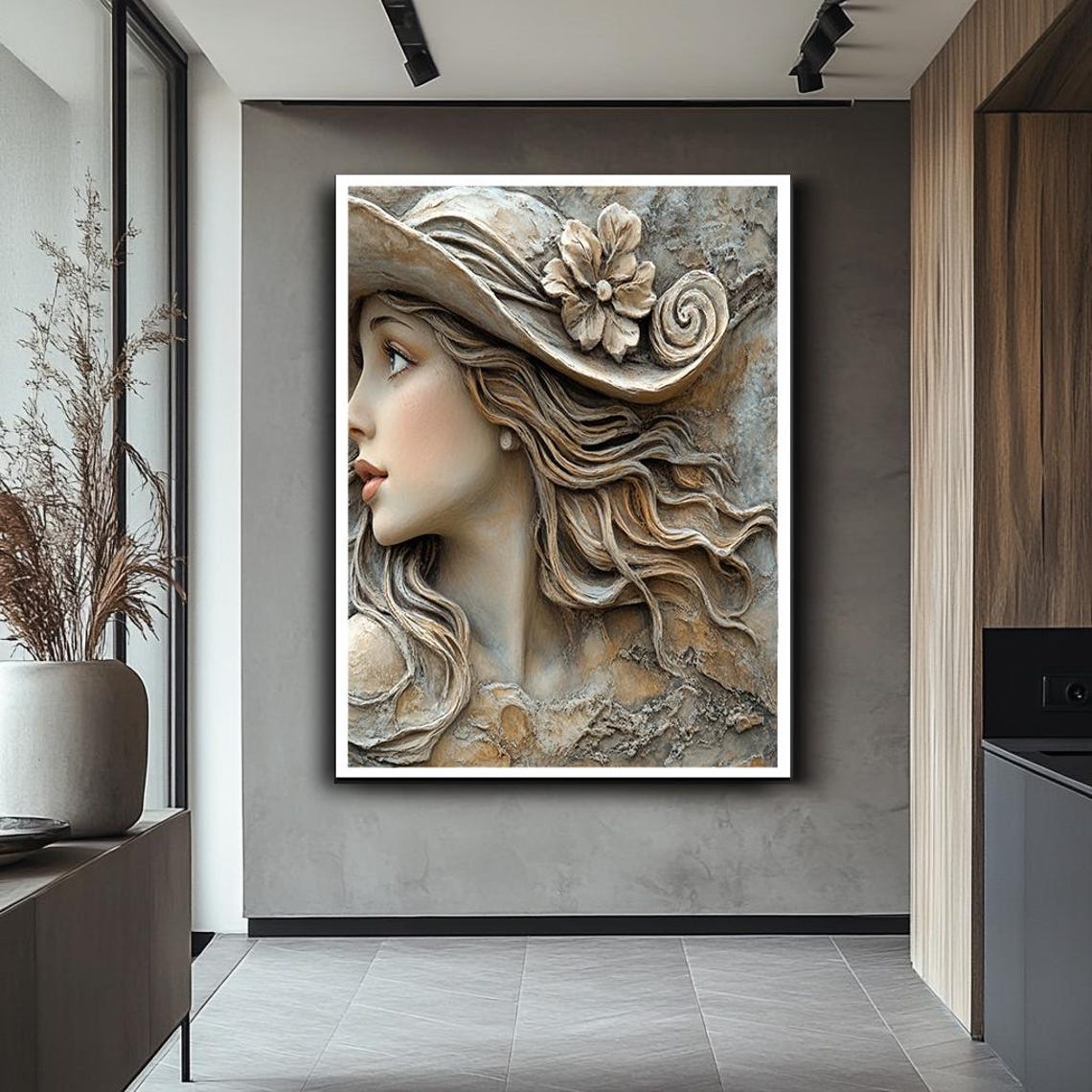 3D Sculptural Woman Profile Hat Stone Relief Romantic Wall Art - Image 2