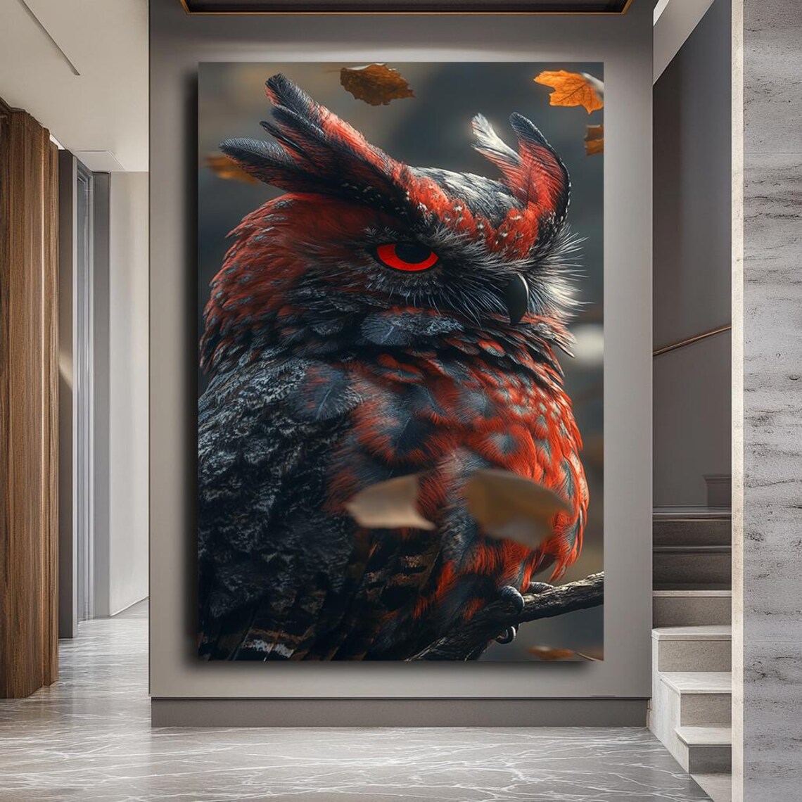 Red And Black Owl Portrait Fierce Glowing Red Eye Wildlife Wall Art - Image 3
