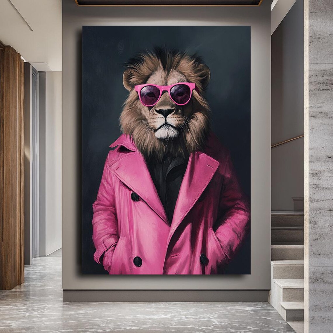Cool Lion in Pink Jacket, Modern Pop Art Print - Image 3