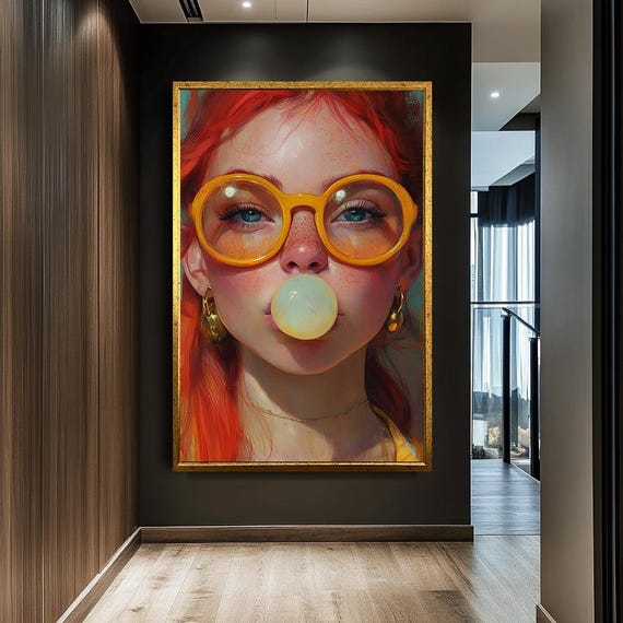 Bubble Gum Girl Wall Art Fun And Quirky Portrait Bold Pop Art Vibrant Girl With Glasses Playful Modern Decor For Home