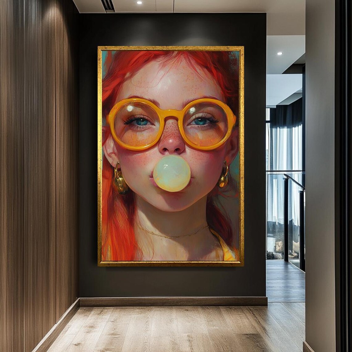 Bubble Gum Girl Portrait Yellow Glasses Red Hair Fun Pop Wall Art