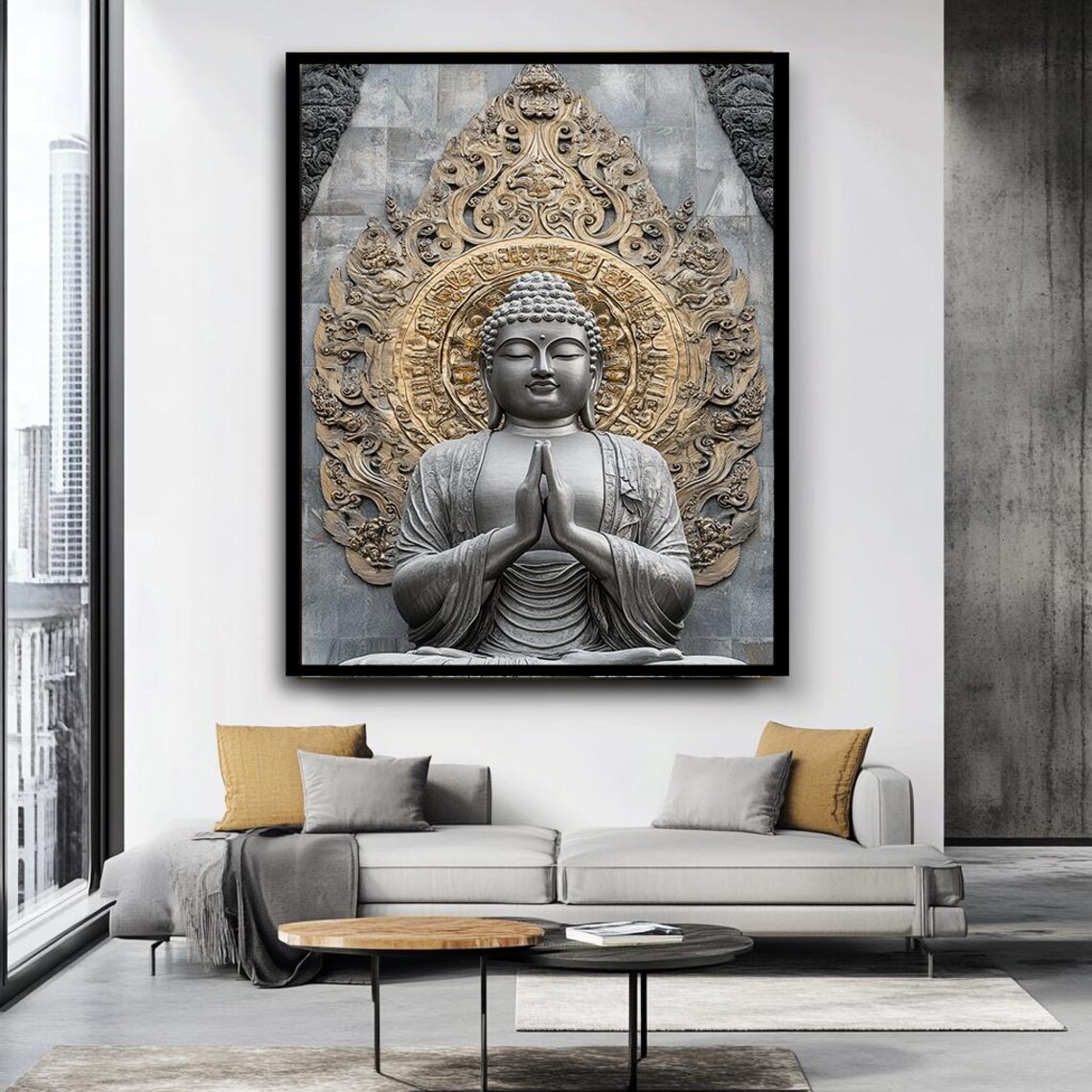 Silver Buddha Praying Hands Ornate Halo Serene Zen Meditation Poster - Image 3