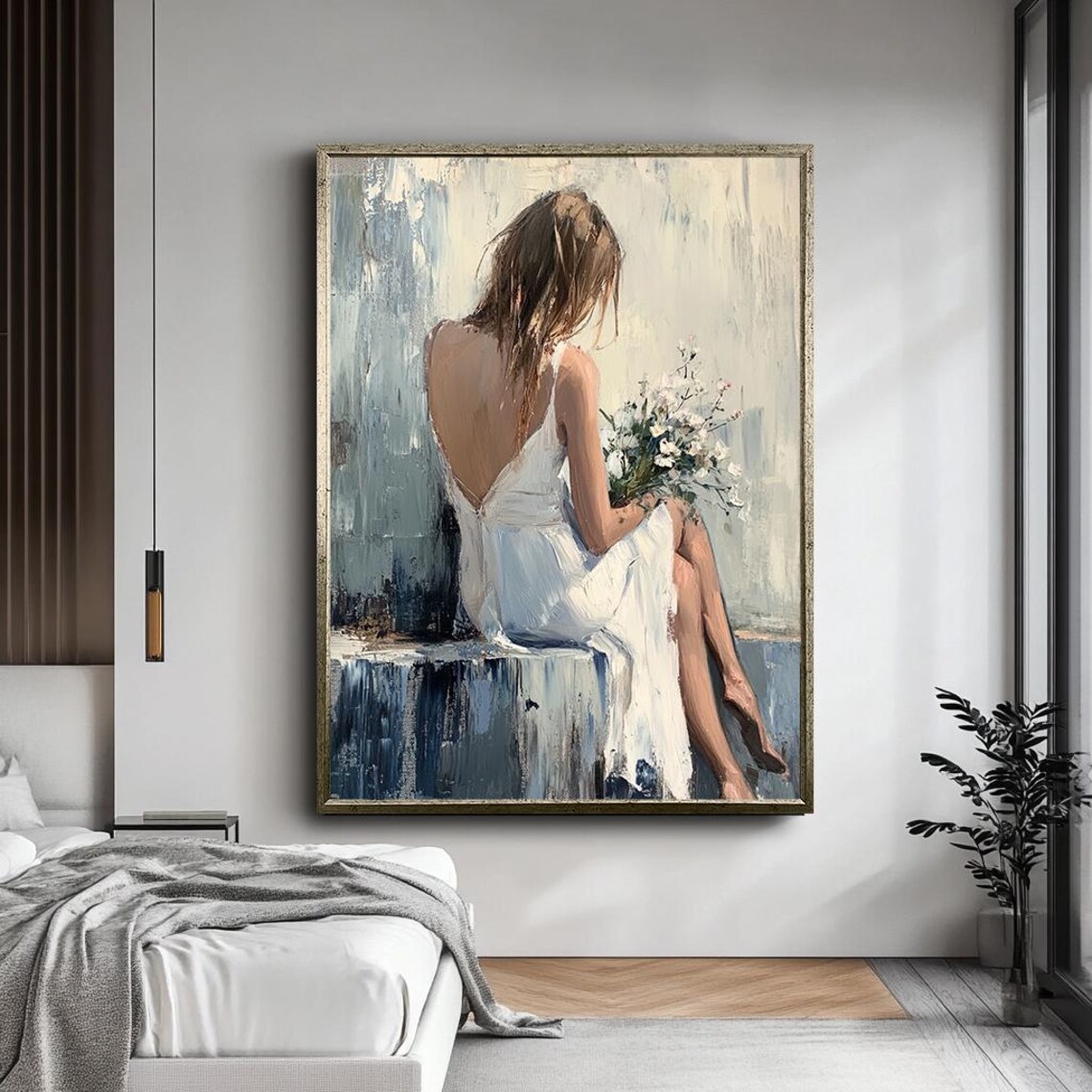 Woman In White Dress Holding Flowers Back View Serene Wall Art - Image 5