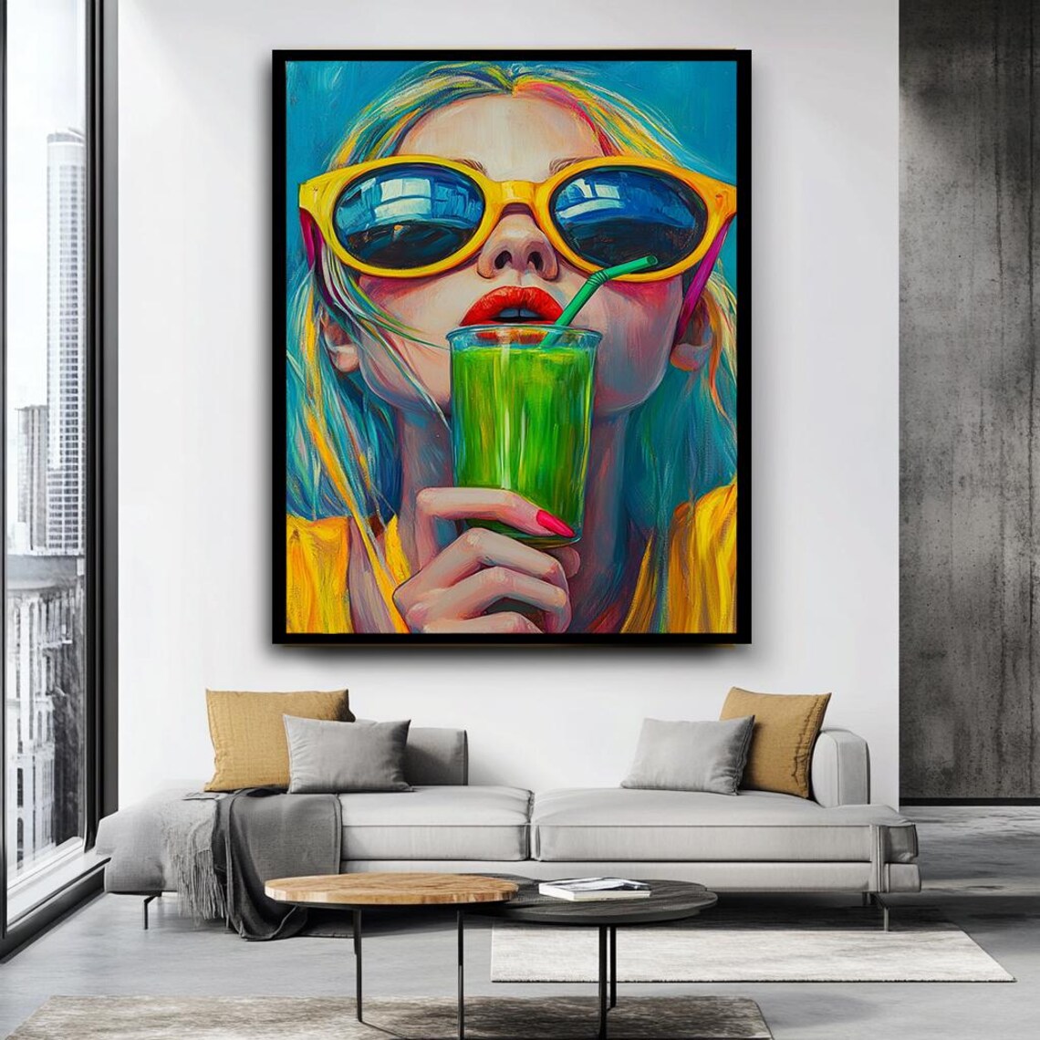 Retro Woman Yellow Sunglasses Green Smoothie Colorful Pop Art Poster - Image 4