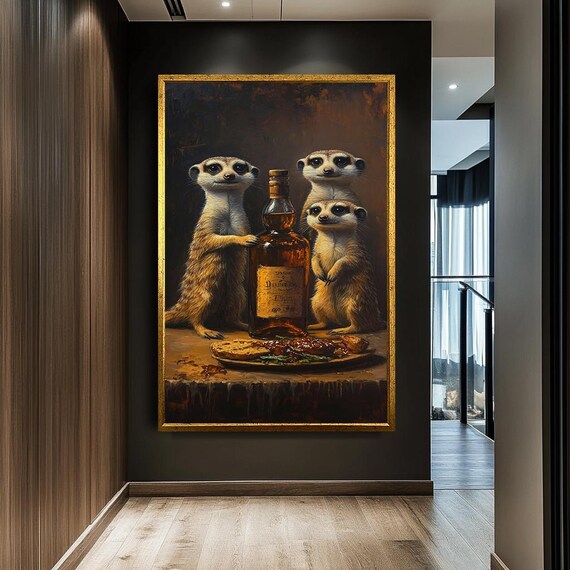 Whimsical Meerkats With Whiskey Bottle Fun Animal Art Print Humorous Wildlife Wall Decor Quirky Meerkat Painting Ready To Hang