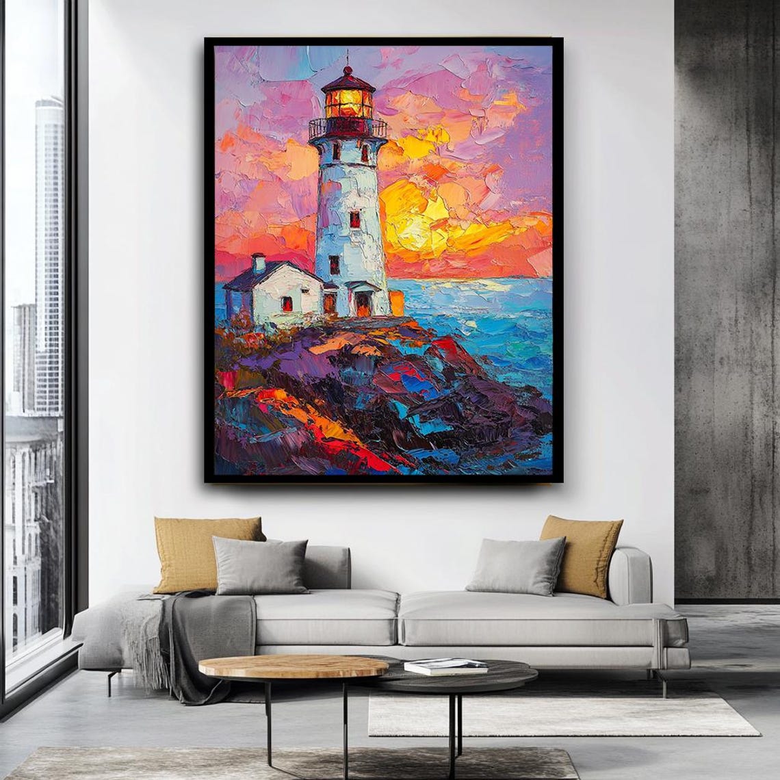 Colorful Lighthouse Sunset Rocky Coast Textured Oil Painting Poster - Image 4