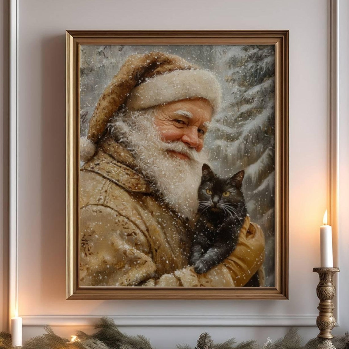 Santa Claus Holding a Black Cat in a Snowy Forest Christmas Poster