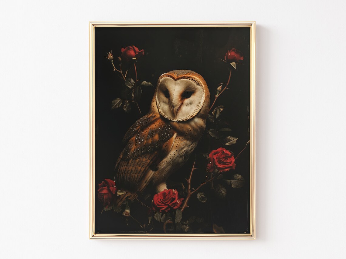 Golden Barn Owl with Red Roses on a Dark Moody Floral Art Poster