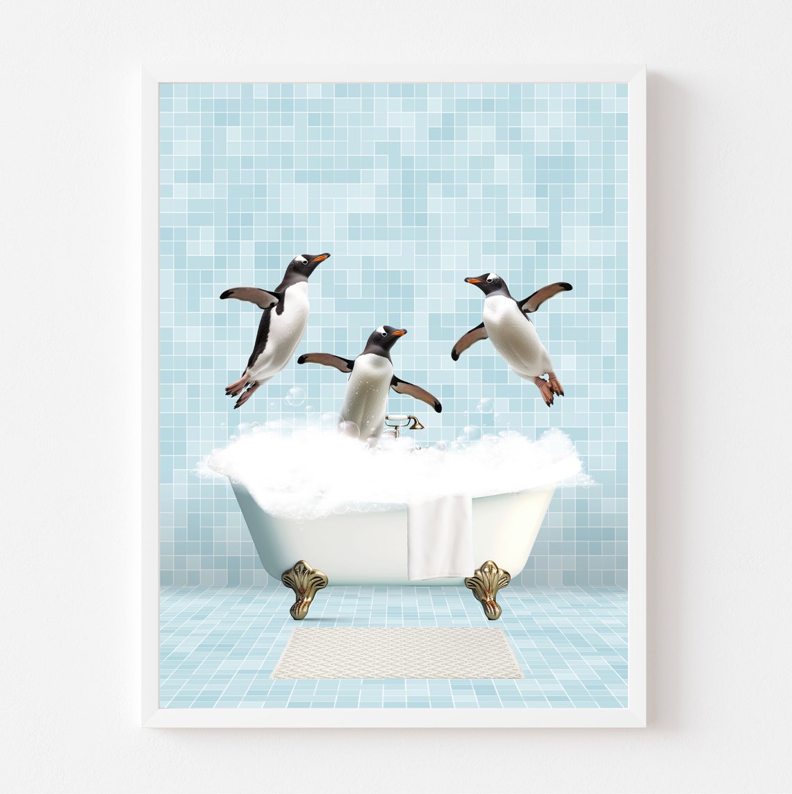 Penguins Diving Into Vintage Bubble Bath Funny Bathroom Poster - Image 2
