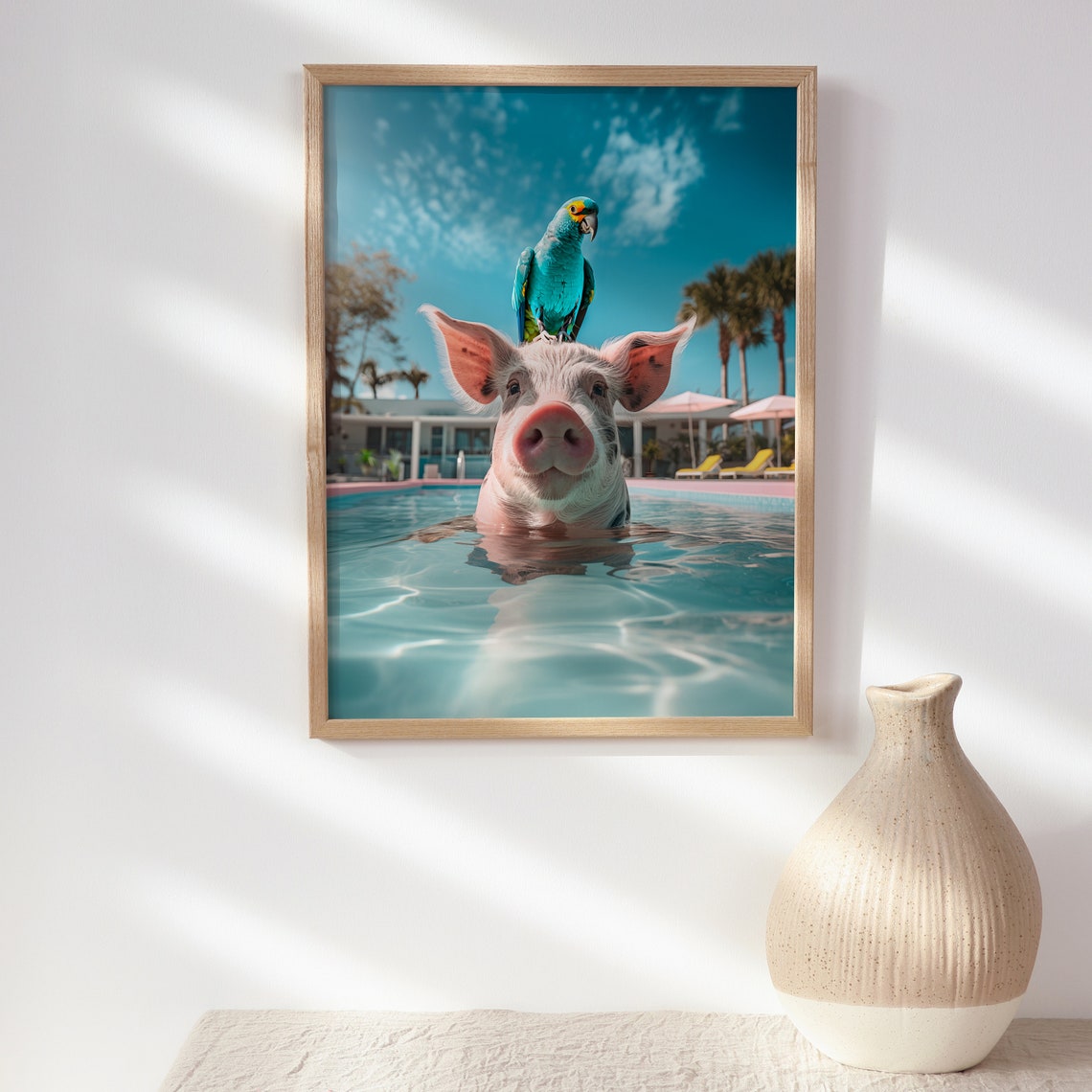 Pig Swimming With Blue Parrot On Head Funny Tropical Wall Art - Image 2