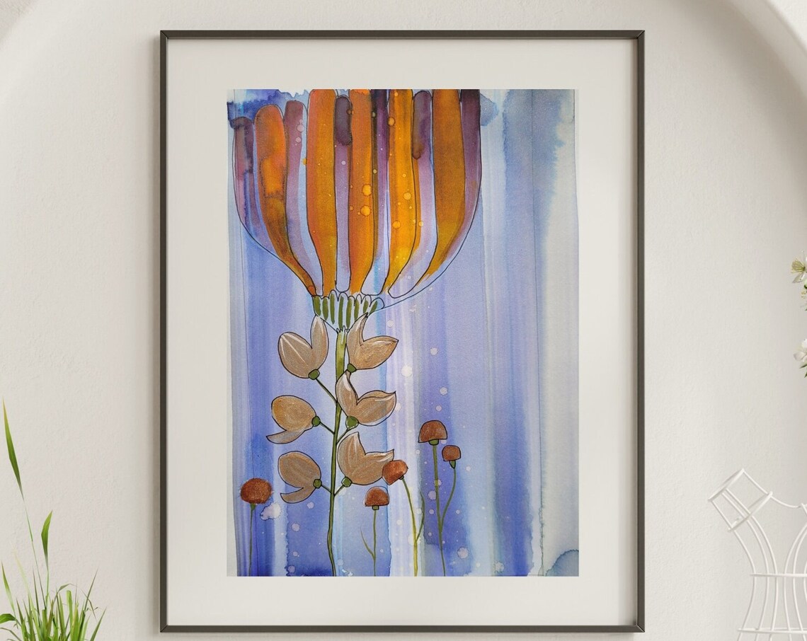 Tall Orange Bell Flower with Beige Buds Periwinkle Watercolor Poster