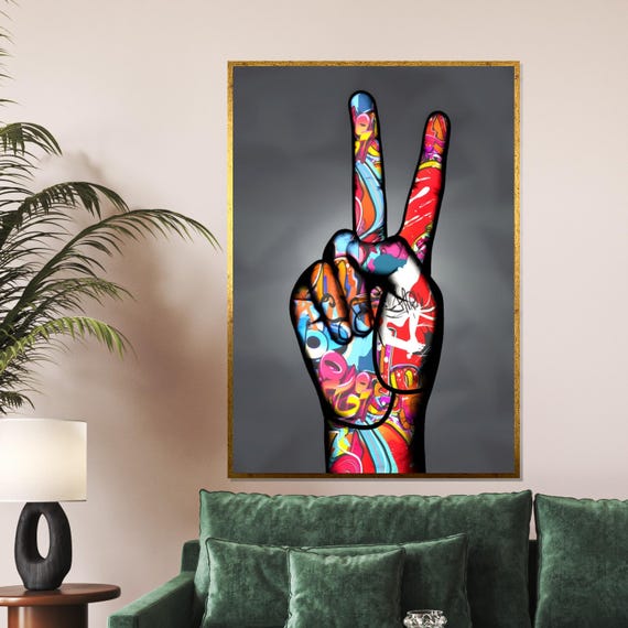 Graffiti Peace Hand Vibrant Peace Sign Art Colorful Wall Art Urban Decor Design Ready To Hang Decoration