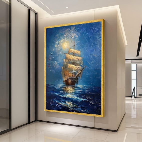 Majestic Sailing Ship Moonlit Blue Ocean Nautical Canvas Poster