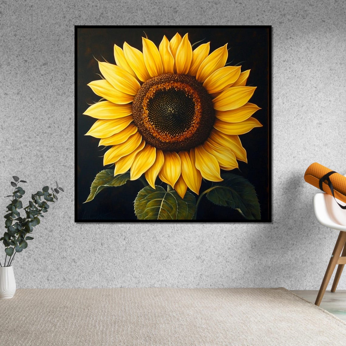 Golden Sunflower On Black Bold Botanical Floral Oversized Wall Art - Image 5