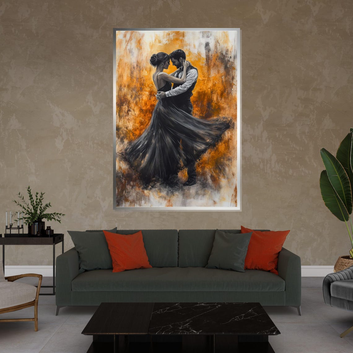 Romantic Dance Couple Black Gown Fiery Orange Canvas Art Poster - Image 4