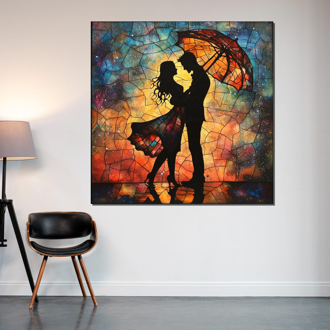 Romantic Couple Under Umbrella Vibrant Stained Glass Style Poster - Image 2