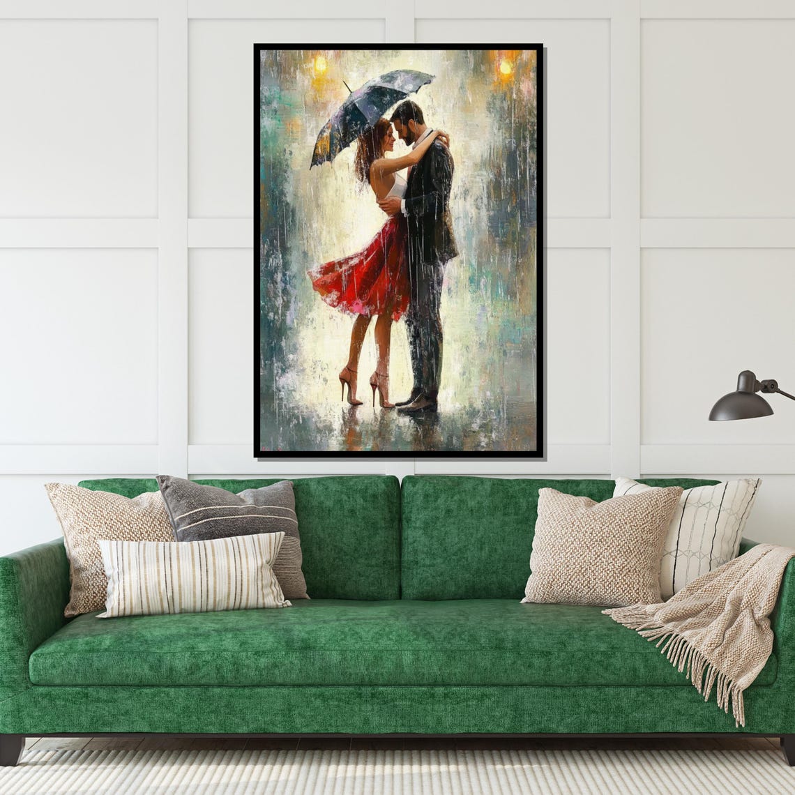 Romantic Couple Under Umbrella in the Rain Red Dress Art Poster - Image 5