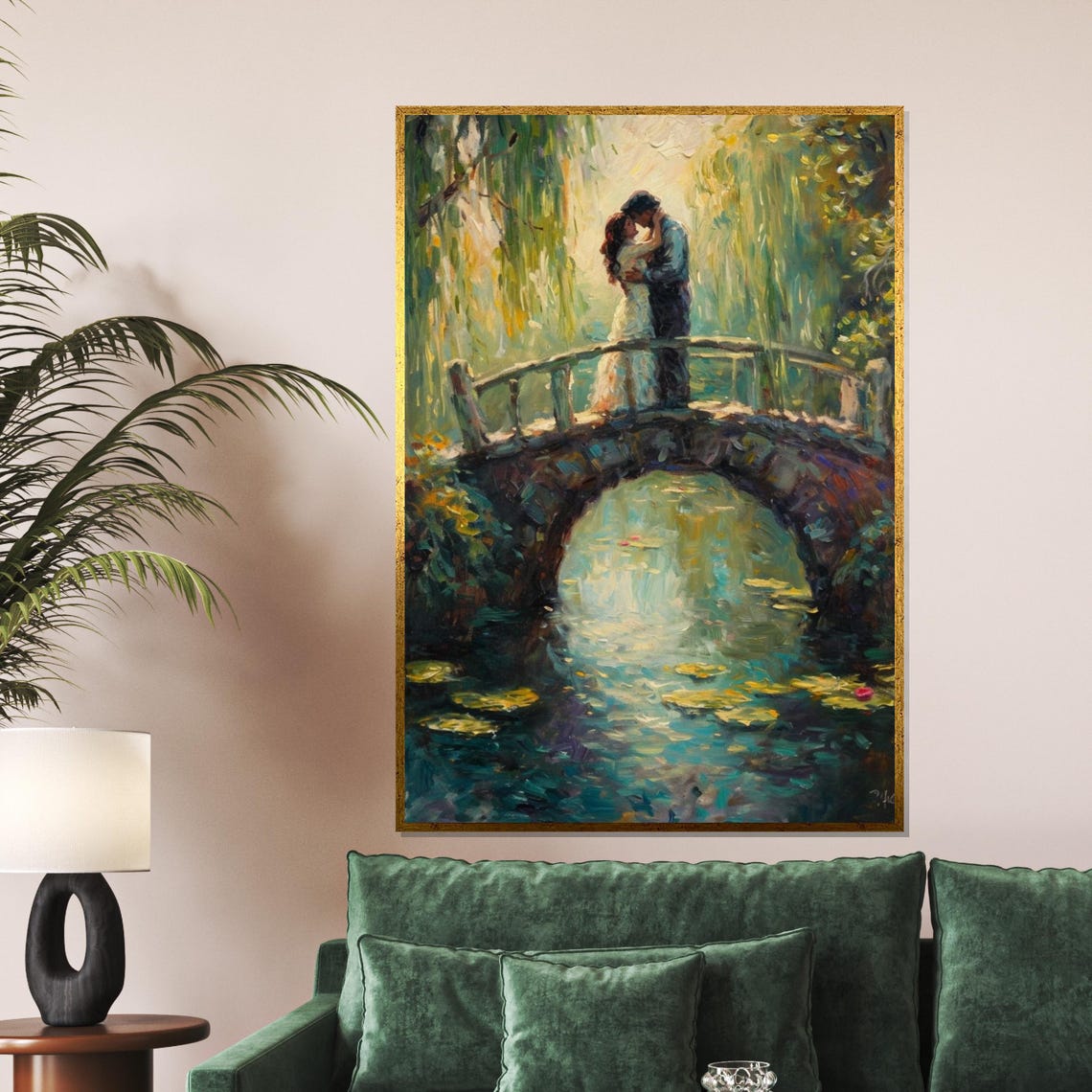 Lovers Kissing On Stone Bridge Over Lily Pond Impressionist Art Poster