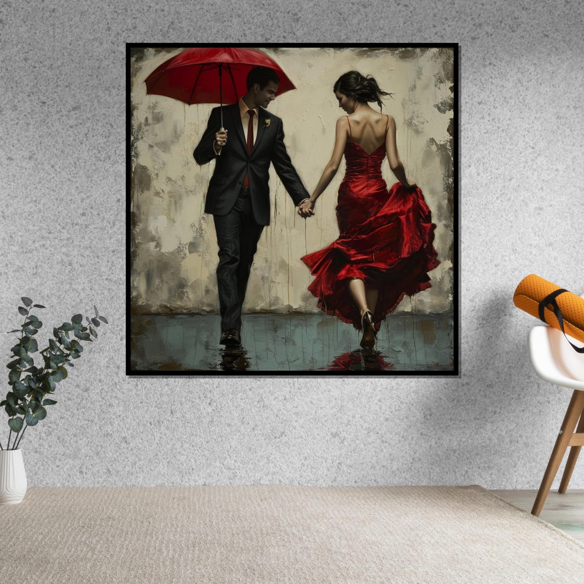 Couple Walking in Rain Under Red Umbrella Romantic Art Poster - Image 5