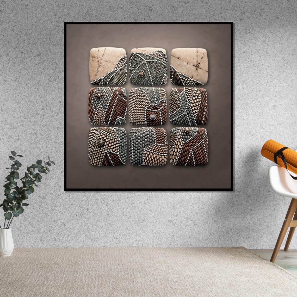 Stone Mosaic Panels 3x3 Earth Tone Textured Tribal Pattern Wall Art - Image 5