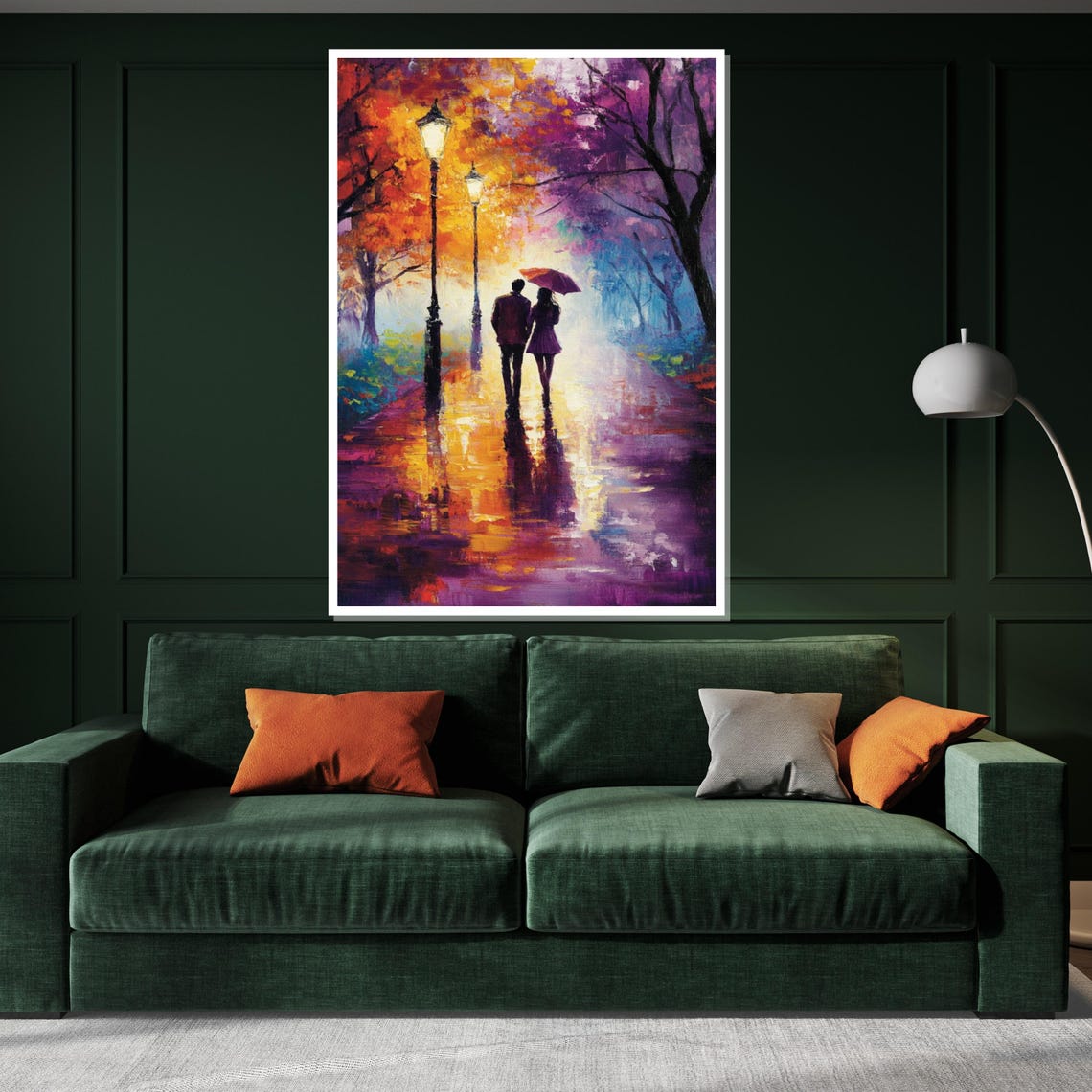 Romantic Couple With Umbrella Rainy Night Walk Autumn Park Poster - Image 3